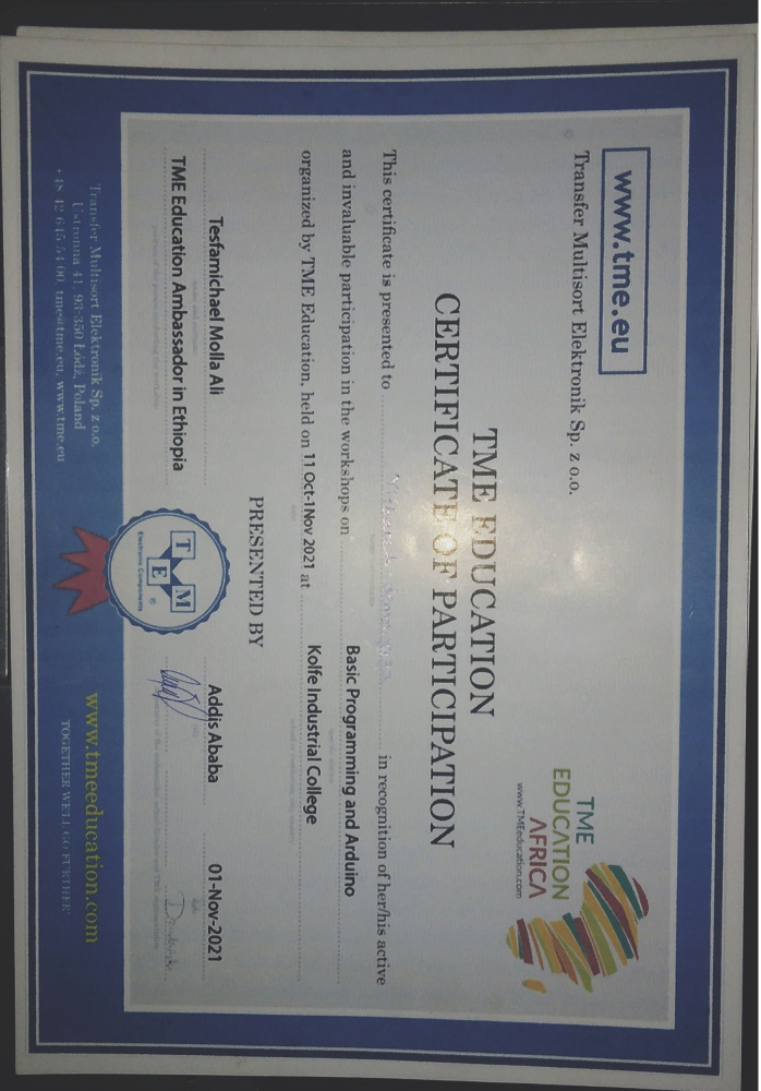Basic Programming and Arduino certificate